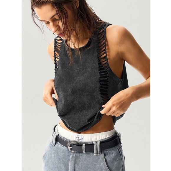 Cotton Grey Distressed Tank Top Loose Fit - Picture 7 of 9